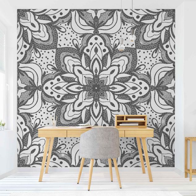 Papel de parede ornamental Mandala With Grid And Dots In Gray
