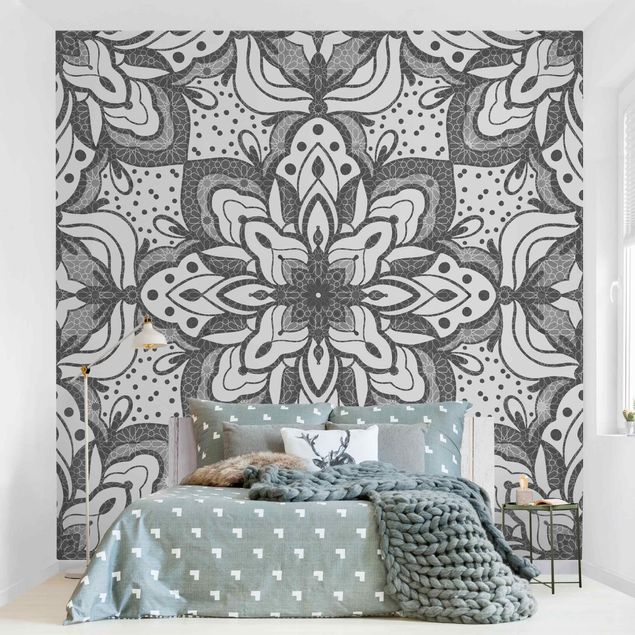 papel de parede para quarto de casal moderno Mandala With Grid And Dots In Gray