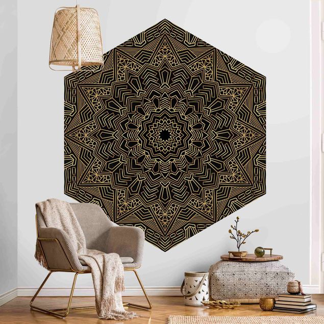 Papel de parede padrões Mandala Star Pattern Gold Black