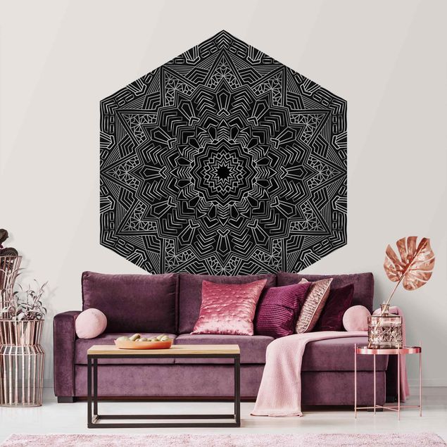 Papel de parede padrões Mandala Star Pattern Silver Black