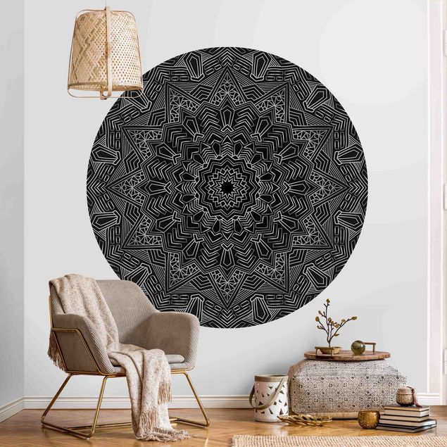 Papel de parede ornamental Mandala Star Pattern Silver Black