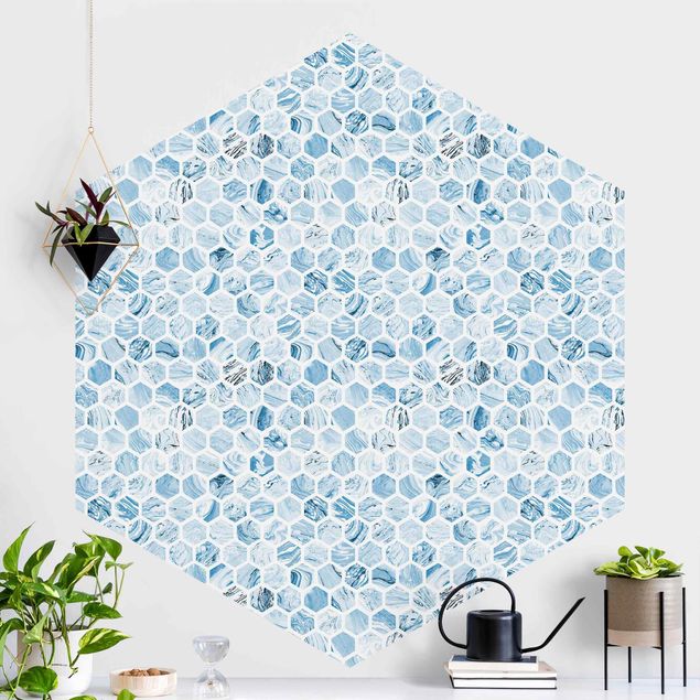 papel de parede mármore Marble Hexagons Blue Shades