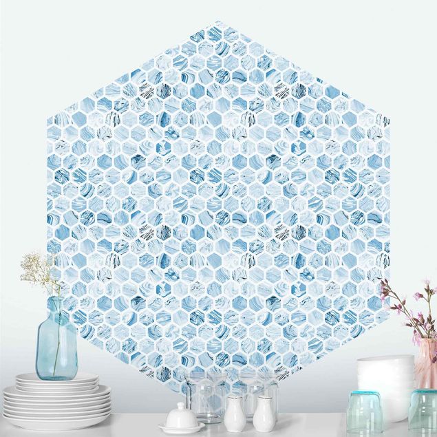 Papel de parede geométrico Marble Hexagons Blue Shades