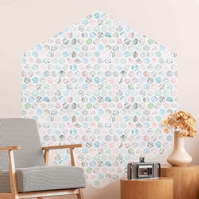 papel parede marmore Marble Hexagons Rose And Sea Blue