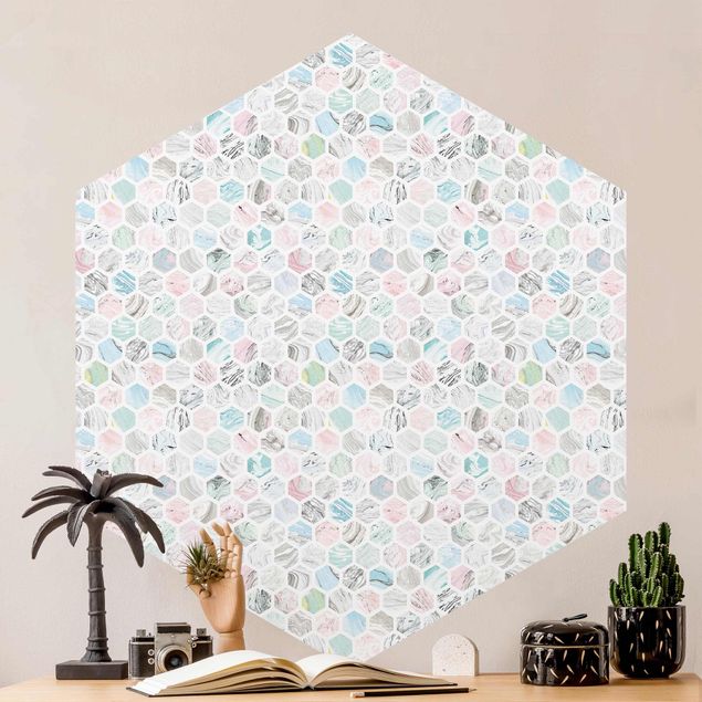 papel de parede geometria Marble Hexagons Rose And Sea Blue