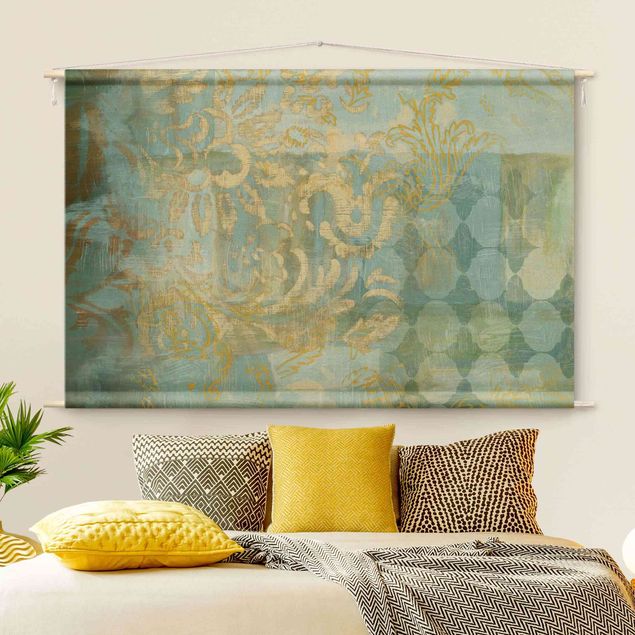 Tapeçaria de parede vintage Moroccan Collage In Gold And Turquoise