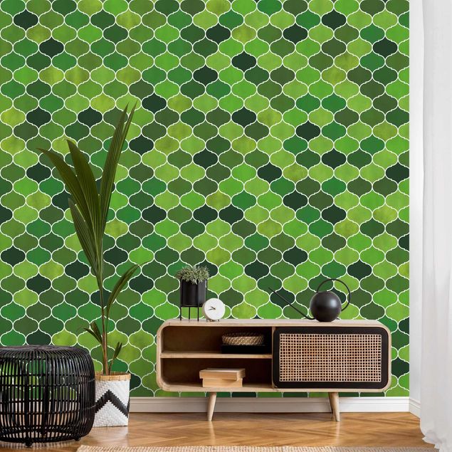 papel de parede geometria Moroccan Watercolour Pattern Green