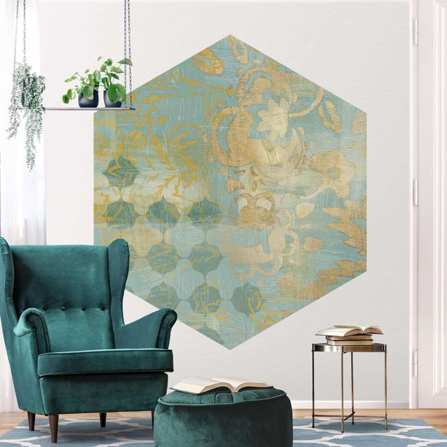 Papel de parede padrões Moroccan Collage In Gold And Turquoise II