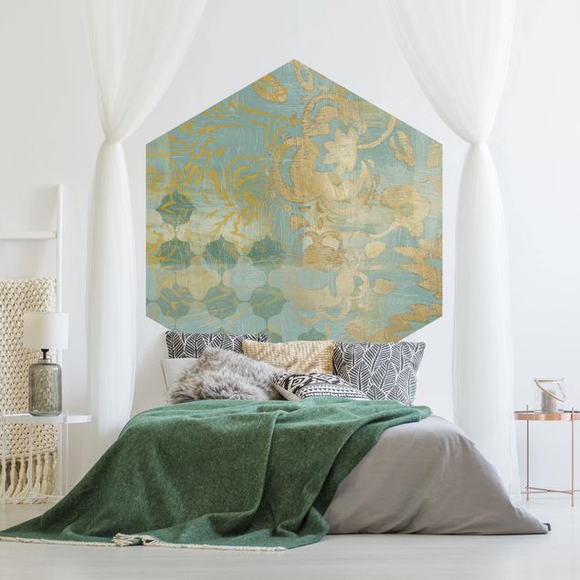 papel de parede floral vintage Moroccan Collage In Gold And Turquoise II