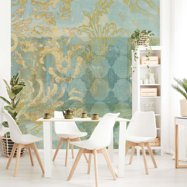 papel de parede floral vintage Moroccan Collage In Gold And Turquoise