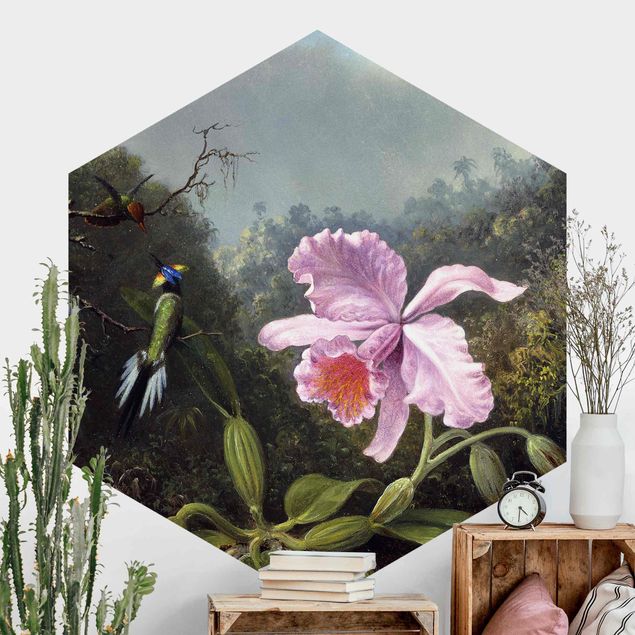 Papel de parede orquídeas Martin Johnson Heade - Still Life With An Orchid And A Pair Of Hummingbirds