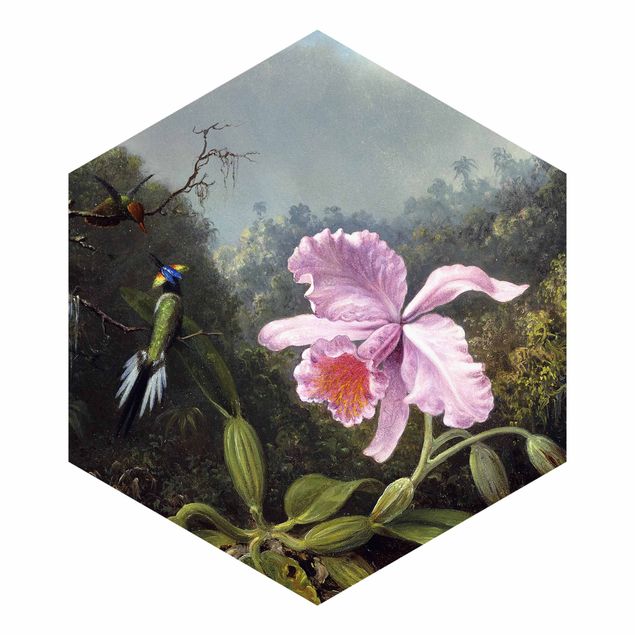 Papel de parede com flores Martin Johnson Heade - Still Life With An Orchid And A Pair Of Hummingbirds