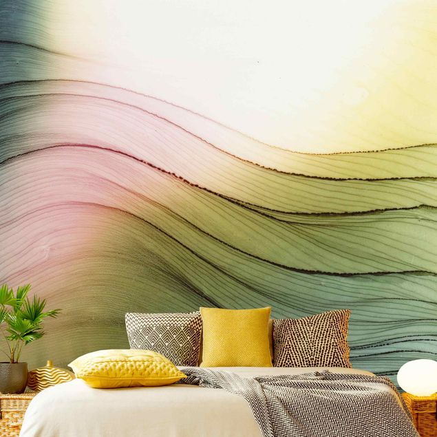 Mural de parede Mottled Colours Pink Yellow With Turquoise