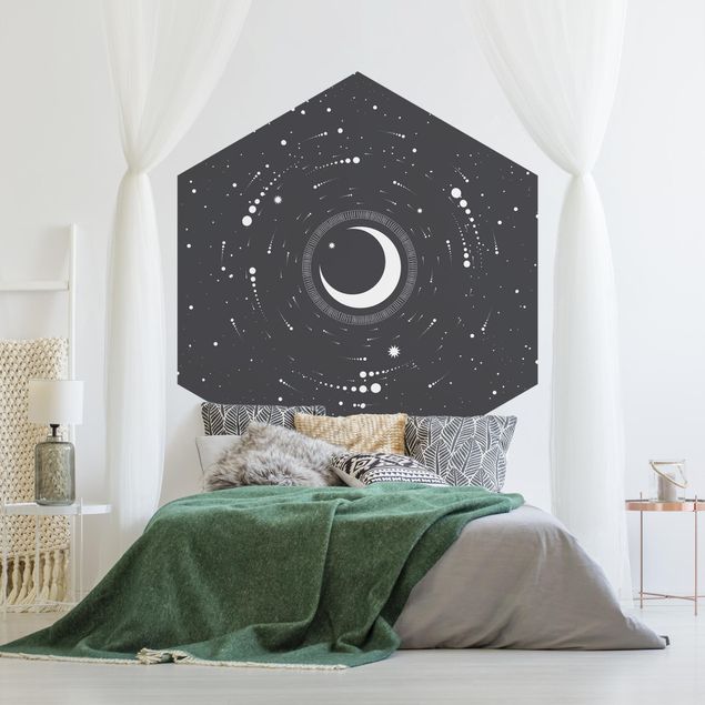 papel de parede branco e preto Moon In Star Circle