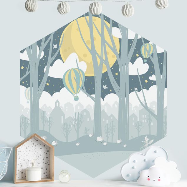 papel parede de floresta Moon With Trees And Houses