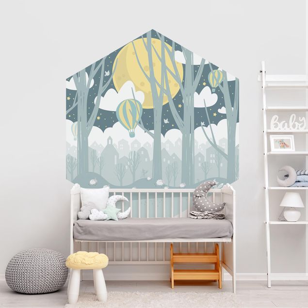 papel de parede moderno para sala Moon With Trees And Houses