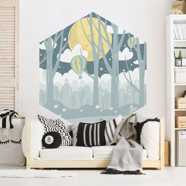 papel de parede com paisagem Moon With Trees And Houses