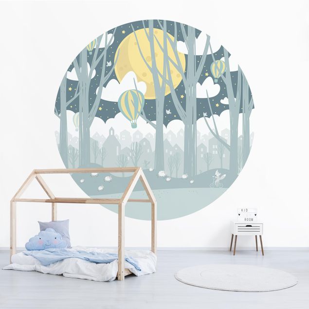 papel de parede floresta tropical Moon With Trees And Houses