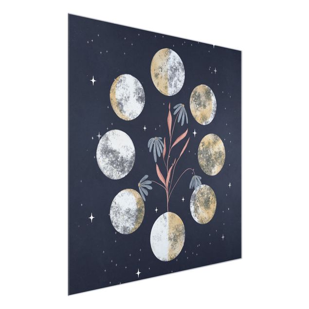 quadro azul Moon Phases and daisies