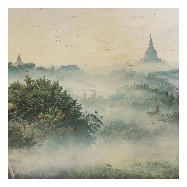 Quadros em madeira paisagens Morning Fog Over The Jungle Of Bagan