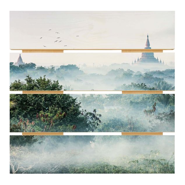 Quadros em madeira Morning Fog Over The Jungle Of Bagan