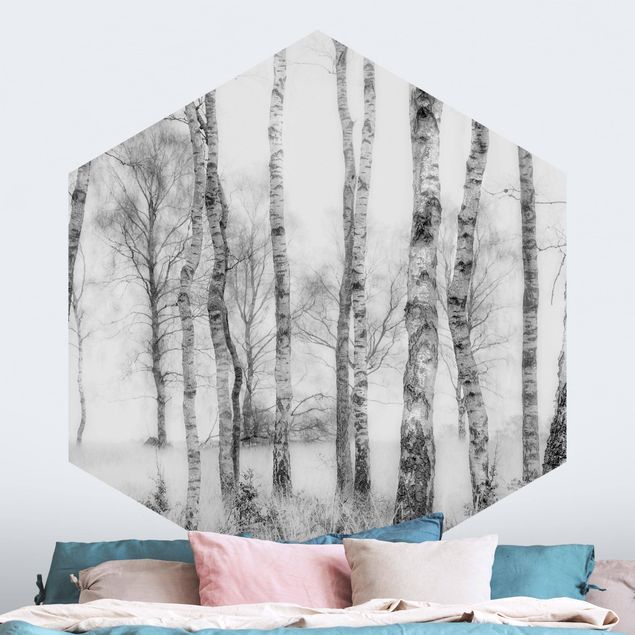papel parede de floresta Mystic Birch Forest Black And White