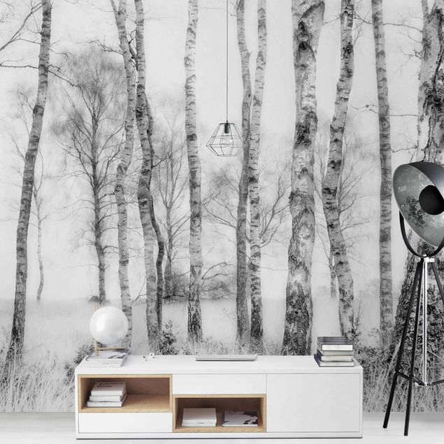 papel de parede branco e preto Mystic Birch Forest Black And White
