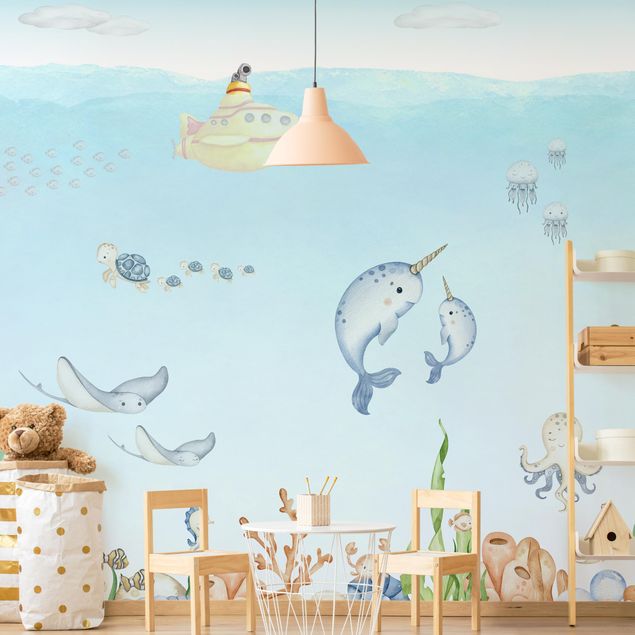 Papel de parede fundo do mar Narwhal family with friends