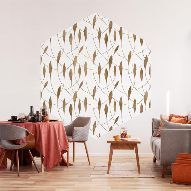 papel de parede para quarto de casal moderno Natural Pattern Sweeping Leaves In Gold