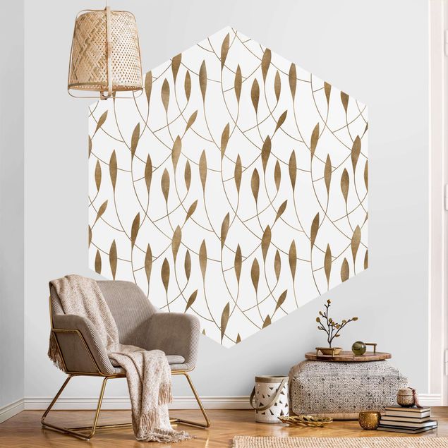 Papel de parede hexagonal Natural Pattern Sweeping Leaves In Gold