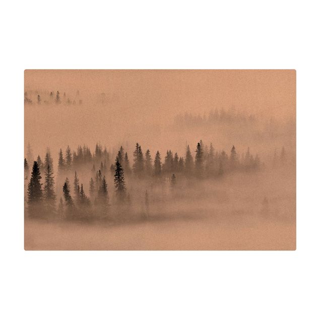 Tapete de cortiça Fog In The Fir Forest Black And White