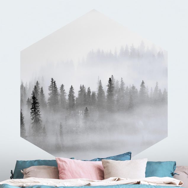 papel parede de floresta Fog In The Fir Forest Black And White