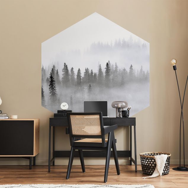 papel de parede moderno para sala Fog In The Fir Forest Black And White