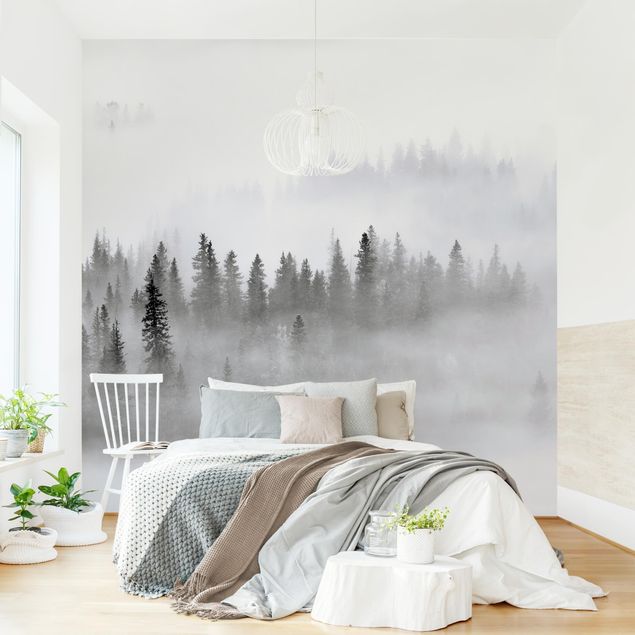 papel de parede para quarto de casal moderno Fog In The Fir Forest Black And White