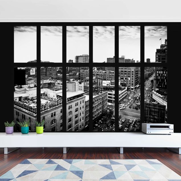 papel de parede moderno para sala New York Window View Black And White