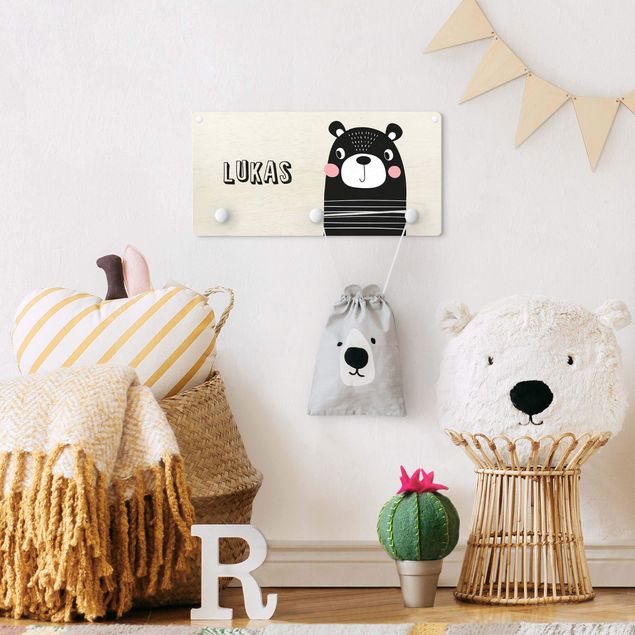 Cabides de parede em preto e branco Cute Striped Bear With Customised Name