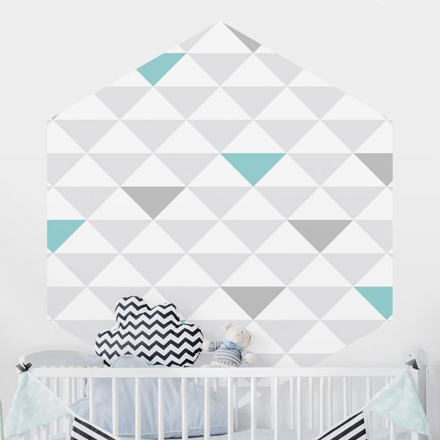 Papel de parede geométrico No.YK64 Triangles Gray White Turquoise