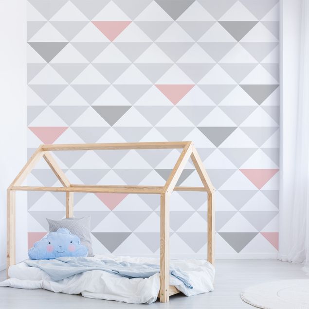 Papel parede geométrico No.YK65 Triangles Grey White Pink