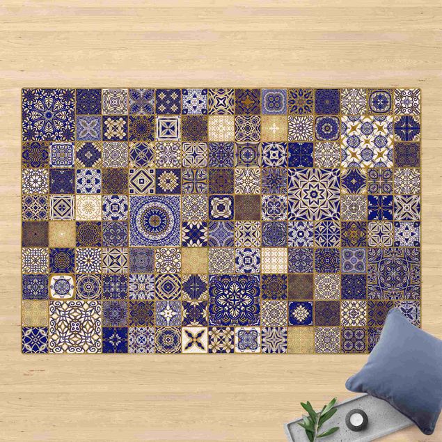 Tapetes modernos Oriental Tiles Blue With Golden Shimmer