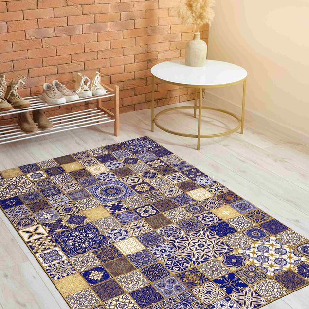 Tapetes imitação azulejos Oriental Tiles Blue With Golden Shimmer