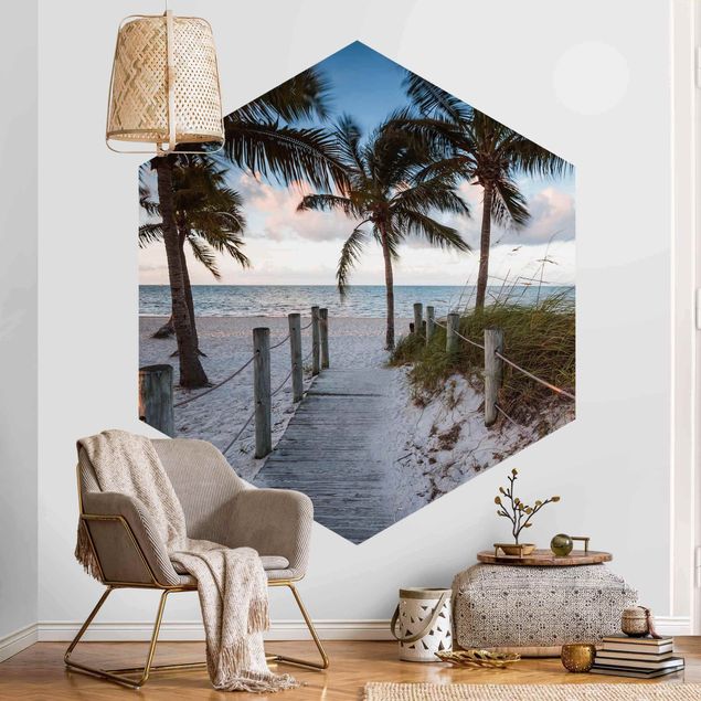 papel de parede moderno para sala Palm Trees At Boardwalk To The Ocean