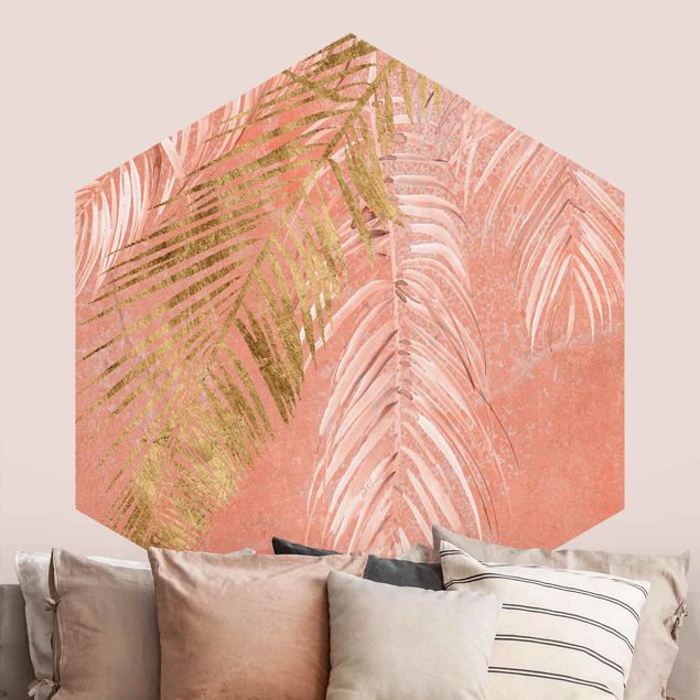 papel de parede moderno para sala Palm Fronds In Pink And Gold I