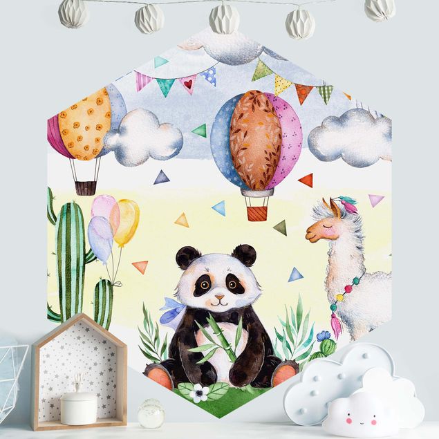 papel de parede moderno para sala Panda And Lama Watercolour