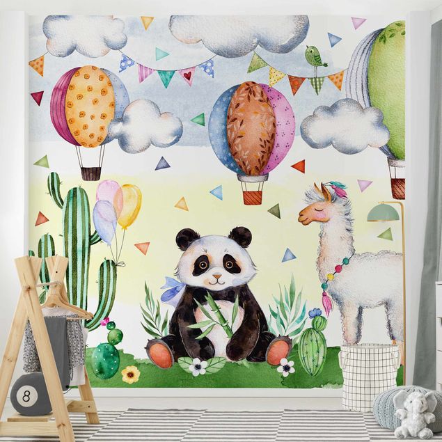 Papel de parede verde Panda And Lama Watercolour