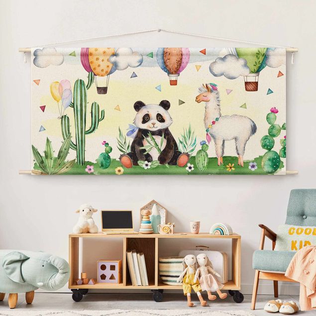 Tapeçaria de parede moderna Panda And Lama Watercolour