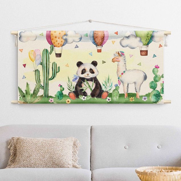 Tapeçaria de parede XXL Panda And Lama Watercolour