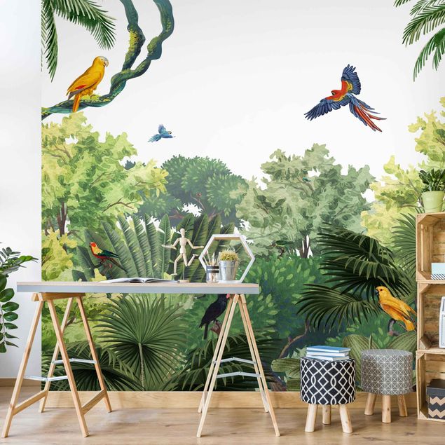 Papel de parede com pássaros Parrot parade in the jungle