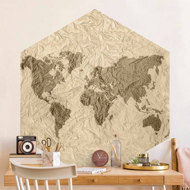 papel de parede moderno para sala Paper World Map Beige Brown