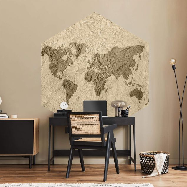 Papel de parede hexagonal Paper World Map Beige Brown