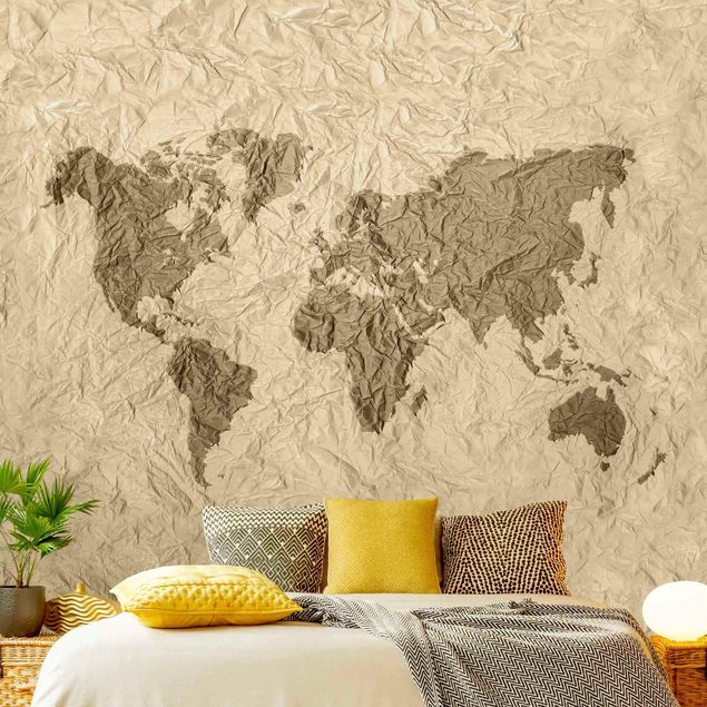 papel de parede moderno Paper World Map Beige Brown